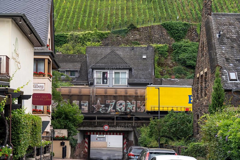Upper Middle Rhine Valley, railway line on the right bank of the Rhine, goods train line, up to 400 freight trains run here within 24 hours, on both sides, through the Rhine Valley, directly through villages and close to buildings, Assmannshausen, Hesse, Germany, Europe
