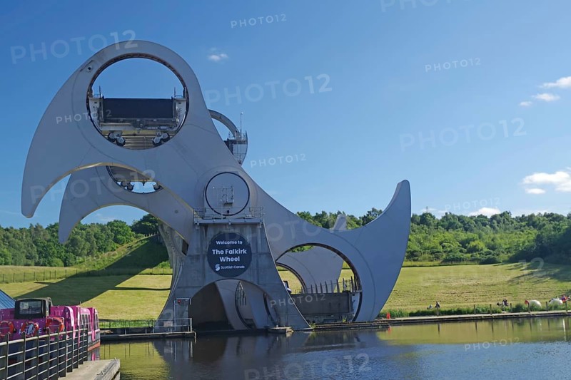 The Falkirk Wheel, a hydraulic structure, moves boats between two canals at different levels, Forth and Clyde Canal, Scotland, United Kingdom, Europe