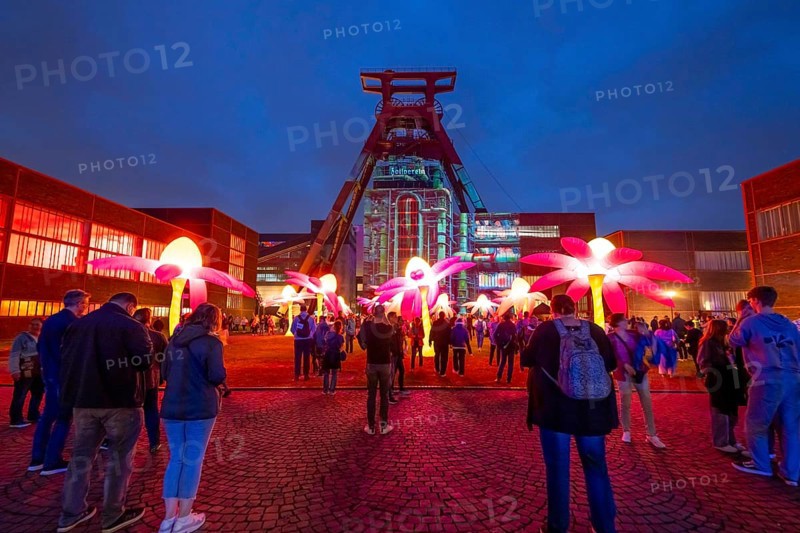Extraschicht, the long night of industrial culture, cultural festival across the Ruhr region, 35 venues in 19 cities, here Illuminating flowers at the Zeche Zollverein in Essen, Doppelbock pithead winding tower shaft 12, North Rhine-Westphalia, Germany, Europe