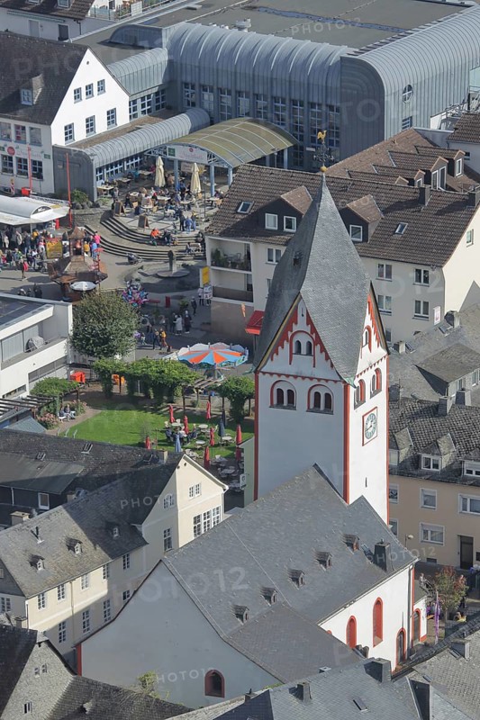 View from Nassau Castle to St. John's Church with Pontchateau Square, view downwards, city centre, pedestrian zone, aerial view, Nassau, Rhineland-Palatinate, Germany, Europe