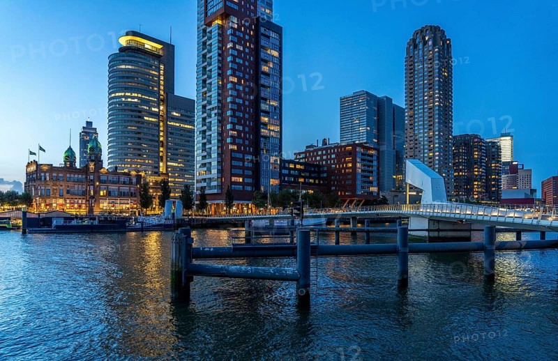 High-rise buildings at Kop van Zuid, at the Rijnhaven harbour basin, Rijnhavenbrug, bridge, Hotel New York, Rotterdam, Netherlands