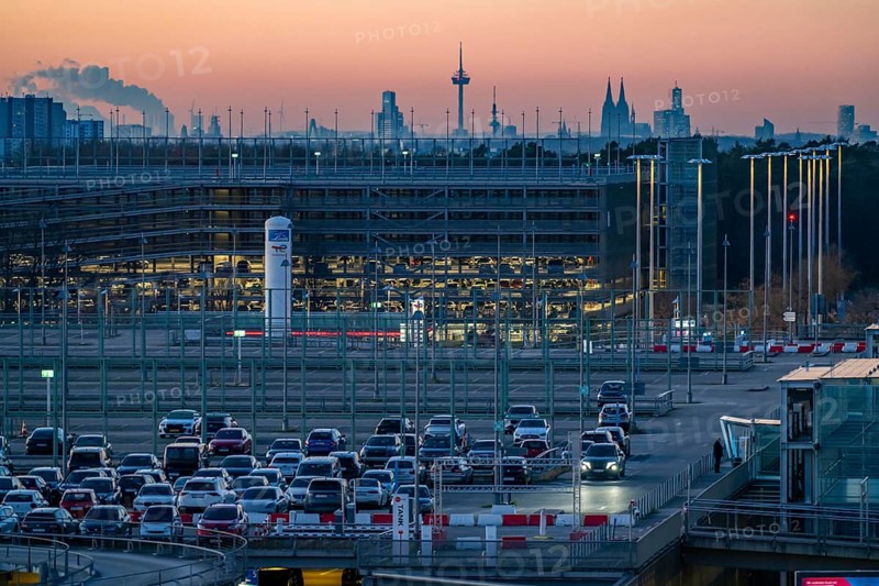 Cologne-Bonn Airport car park, Cologne city centre skyline, Cologne Cathedral, North Rhine-Westphalia, Germany, Europe