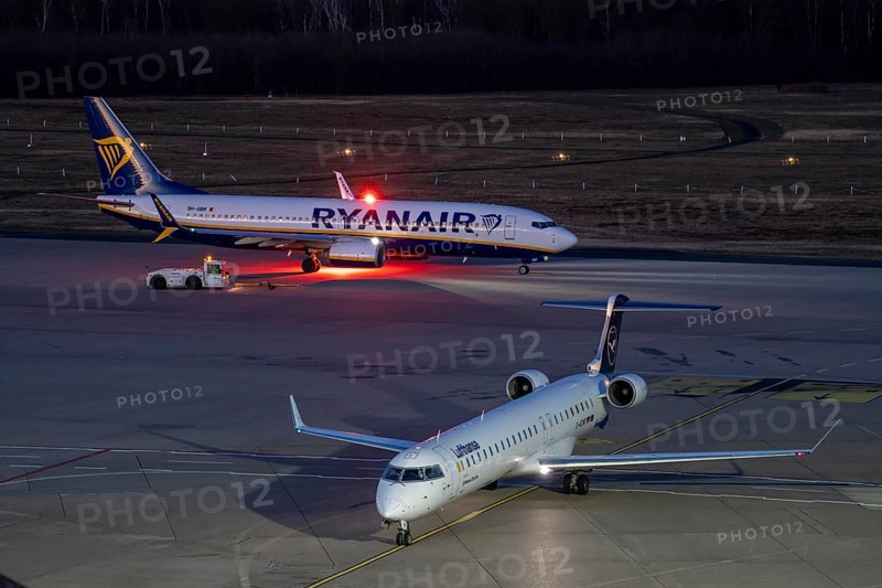 Ryanair and Lufthansa aircraft on the apron of Cologne-Bonn Airport, North Rhine-Westphalia, Germany, Europe