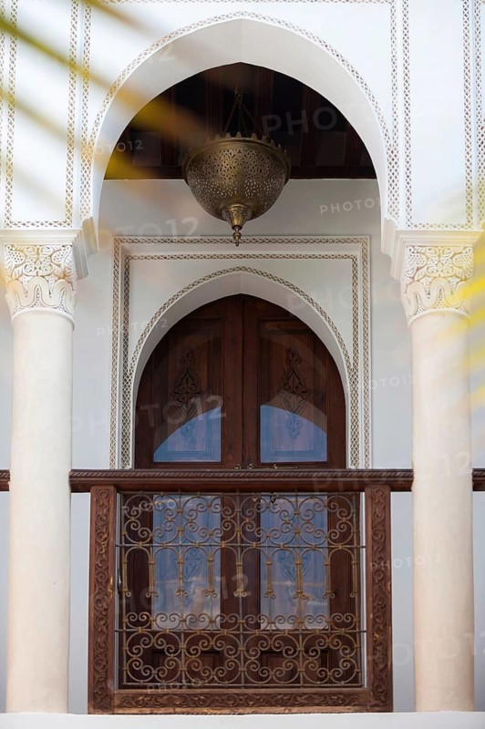 Balcony in Riad, Column, Traditional, Window, Room, Decorated, Ornament, Lamp, Decoration, Art, Construction, Building, House, Architecture, Oriental, Arabic, Orient, Marrakech, Morocco, Africa