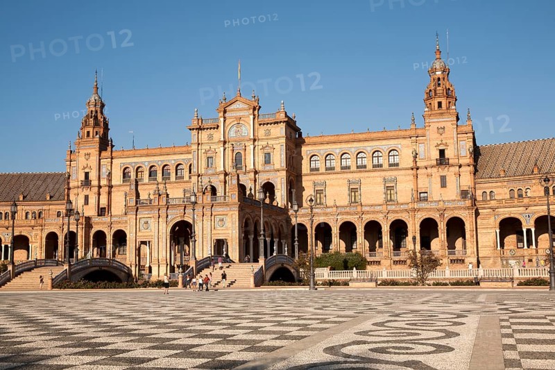 The Plaza de España, Seville, Spain built for the Ibero-American Exposition of 1929. It is a landmark example of the Renaissance Revival style in Spanish architecture