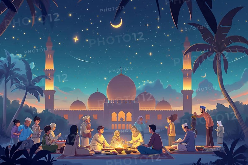Essence of Ramadan, featuring people gathered and eating near a mosque under a starry night sky, illuminated by the crescent moon, AI generated