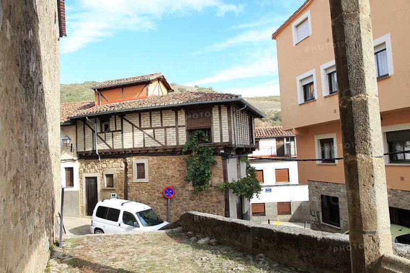 Traditional houses and modern homes architecture narrow street, Garganta la Olla, La Vera, Extremadura, Spain, Europe