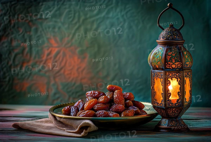 Ramadan lantern with a plate of succulent figs, set on an ornate table with intricate designs, evoking the rich traditions and serene moments of the holy month, AI generated
