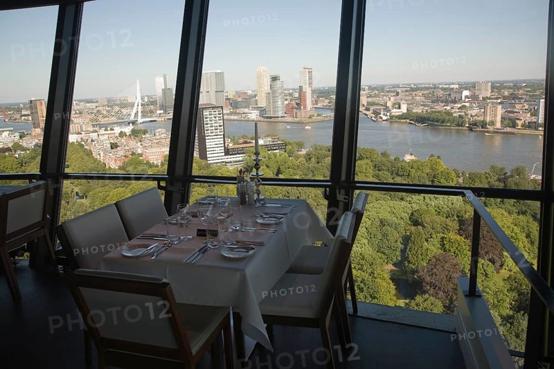 Cafe restaurant with views high above the city from the 185 metre tall Euromast tower, Rotterdam, Netherlands