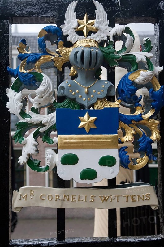 Ancient family coat of arms on railings at De Burcht historic site, Leiden, Netherlands