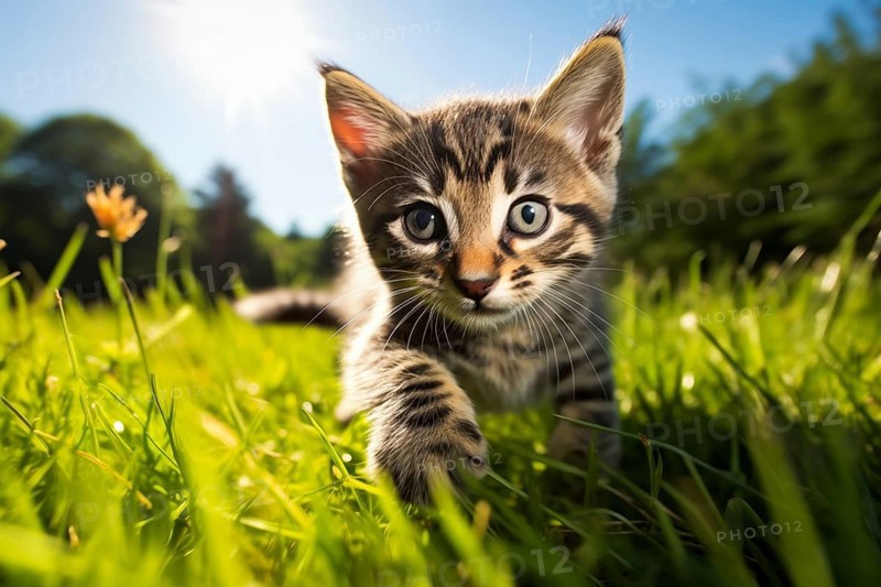 Playful Cute Kitten outdoors in Sunlit Grass. Kitten excitement and wonder as it explores the natural environment on a sunny day, AI generated