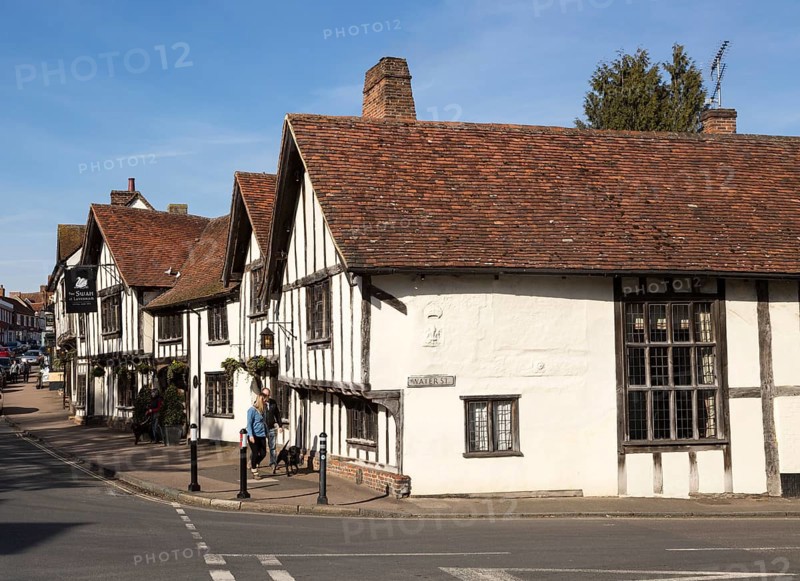 Historic Tudor architecture of the Swan Hotel, Lavenham, Suffolk, England, UK