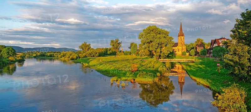 At the old harbour with St. Sturmius church Panorama Rinteln Germany