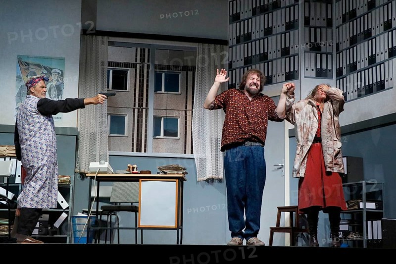 Marko Pustišek, citizen Lars Dietrich and Sabine Fürst at the photo rehearsal on Stasi, stress and stumbling blocks at the Schlossparktheater Berlin on 4 September 2024