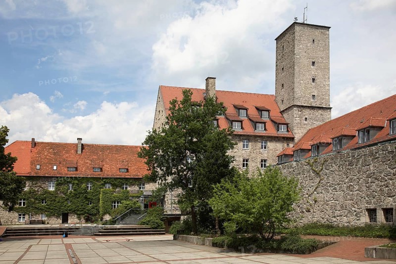 Feuerstein Castle, a modern building ensemble in the style of a castle near Ebermannstadt in the district of Forchheim, Upper Franconia, Bavaria, Germany, Europe