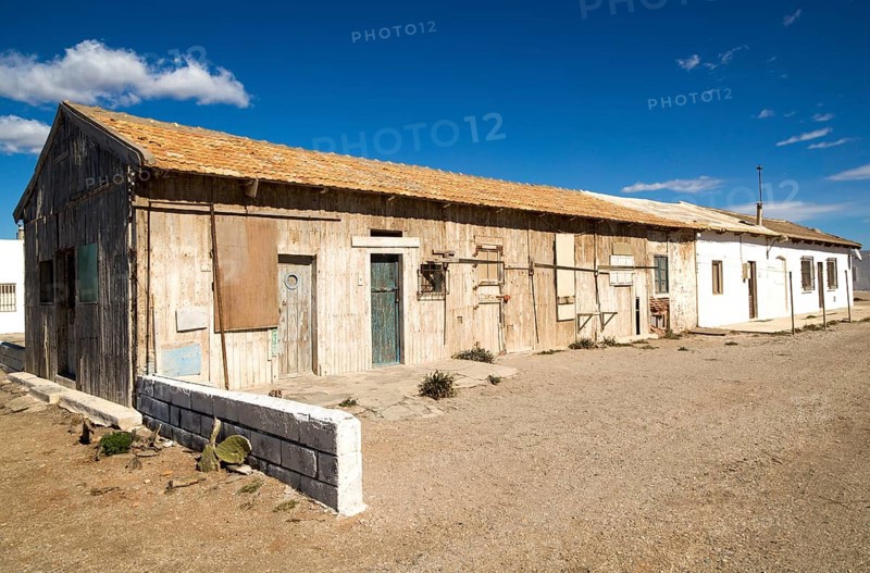 Workers housing at Las Salinas, La Almadraba de Monteleva, Cabo de Gata natural park, Nijar, Almeria, Spain, Europe