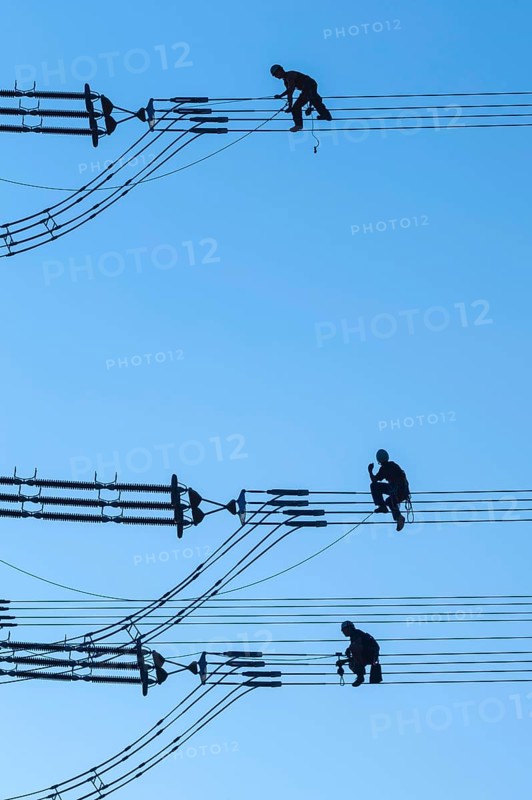 Overhead line fitters working on a high-voltage pylon, overhead lines, energy, worker, high-voltage electrician, Baden-Württemberg, Germany, Europe