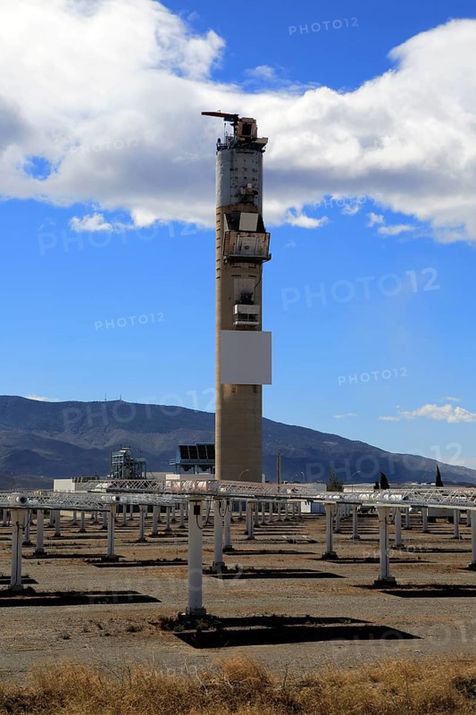 Heliostats and central receiver CESA-1 Tower at solar energy scientific research centre, Tabernas, Almeria, Spain, Europe