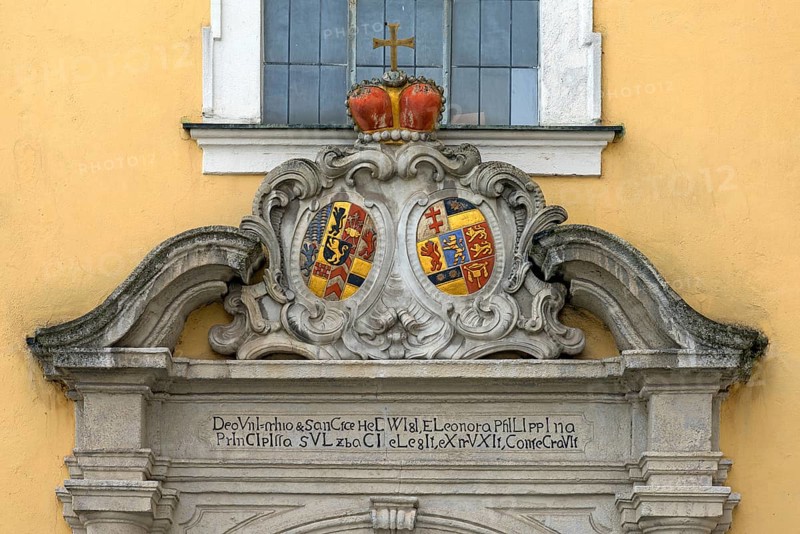 Alliance coat of arms of the founder Eleonore Philippine Christiana von Hesse-Rotenburg above the entrance portal to the monastery church of St Hedwig, 1755, Sulzbach-Rosenberg, Upper Palatinate, Bavaria, Germany, Europe