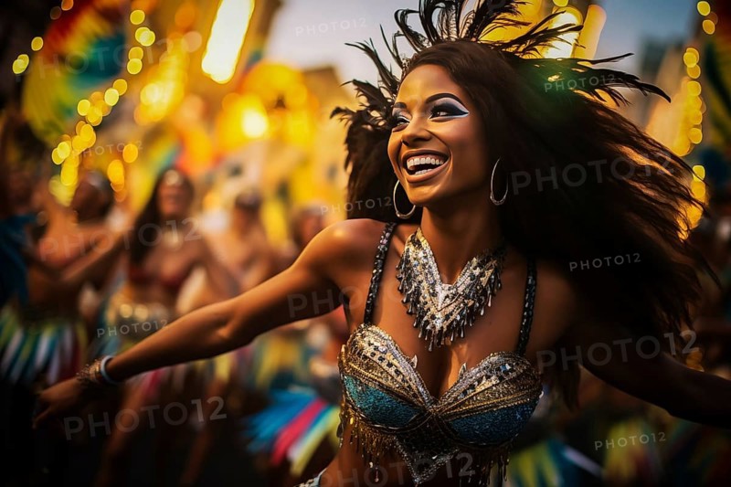 Captivating image capturing the essence of the Rio Carnival, showcasing a dancer adorned in an elaborate, vibrant costume, embodying the spirit and energy of this iconic festival, AI generated