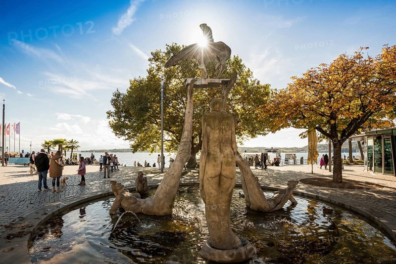 Fountain and lakeside promenade, the Lake Constance rider by Peter Lenk, Überlingen, Lake Constance, Baden-Württemberg, Germany, Europe