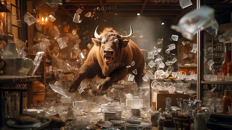 Very large bull with horns running through a China shop filled with glassware. generative AI, AI generated