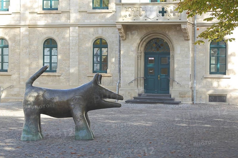 Sculpture of a pig, Old Town Hall, Nieder-Ingelheim, Ingelheim, Rhine-Hesse region, Rhineland-Palatinate, Germany, Europe
