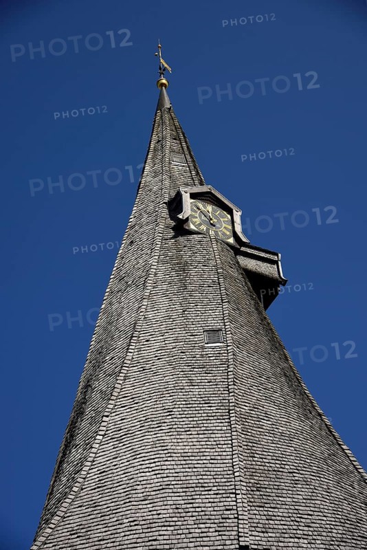 Europe, Germany, Lower Saxony, Altes Land near Hamburg, Hamburg Metropolitan Region, Jork-Estebrügge, Protestant St Martin's Church, built in 1702, twisted bell tower with tower clocks, Hamburg, Hamburg, Federal Republic of Germany, Europe