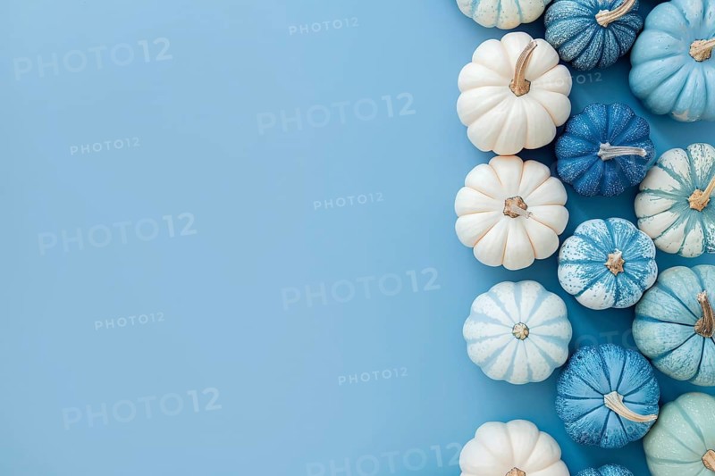 Top view of white and blue pumpkins on pastel blue background with copy space. Generative Ai, AI generated