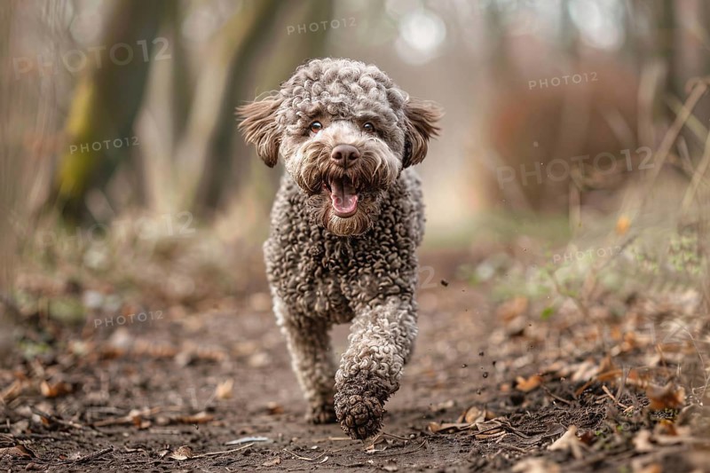 Lagotto Romagnolo dog running in forest. Generative Ai, AI generated