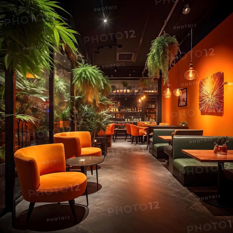 Stylish empty cannabis cafe interior in cozy modern design, AI generated