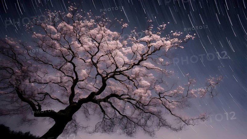 Sakura tree blossoming with pink petals and branches reaching towards a star studded night sky, AI generated