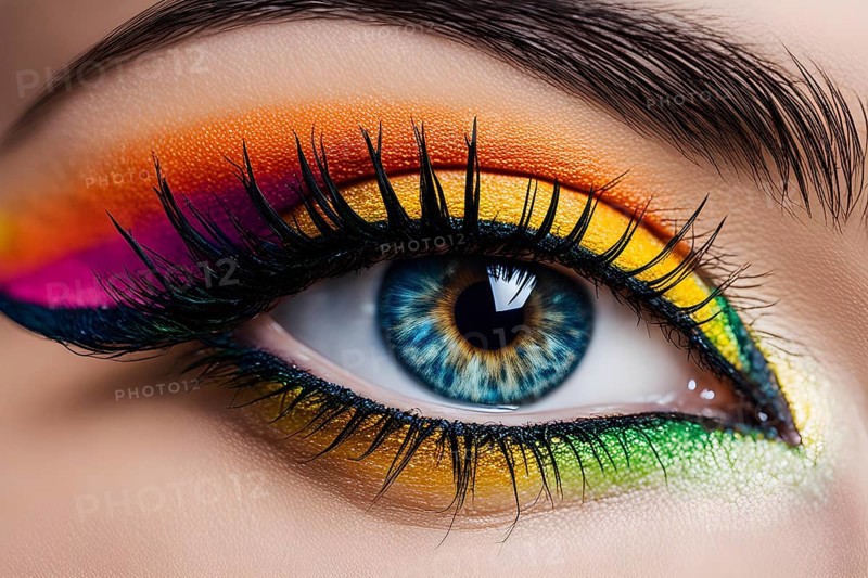 Close up of eye featuring vibrant colored eyelids with intense eye shadow, AI generated