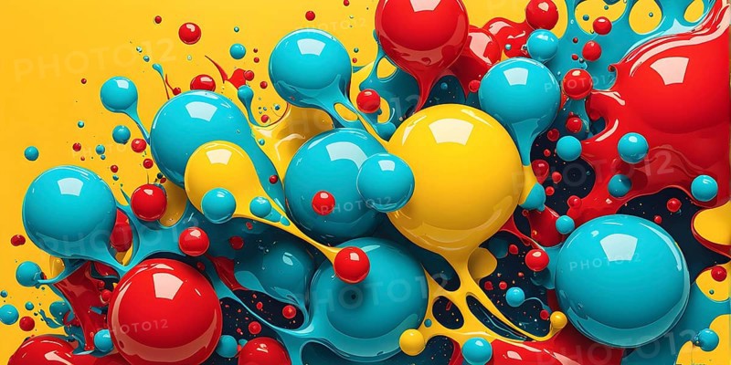 Abstract image with vibrant blue and red blobs and liquid shapes on a yellow background, AI generated