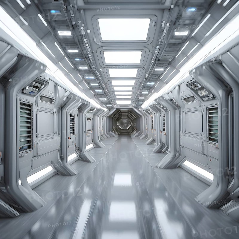 Three dimensional render of futuristic corridor inside a spaceship or space station, AI generated