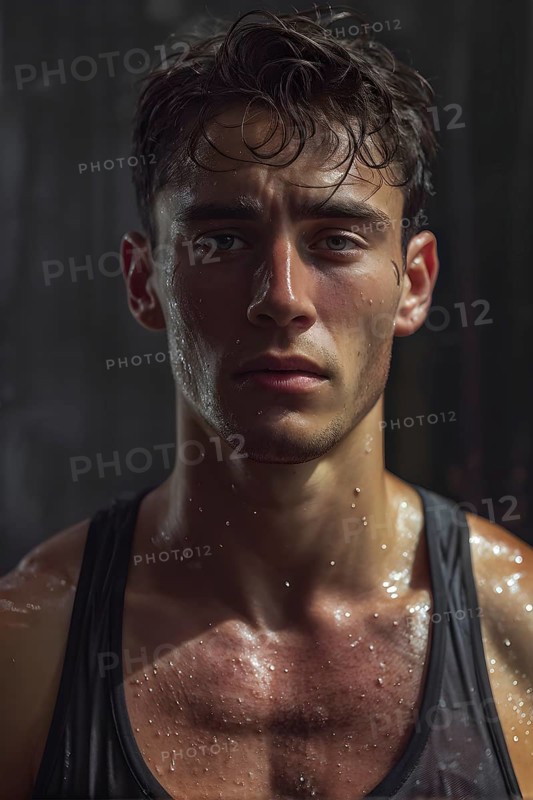 Portrait of sweating man after workout, AI generated