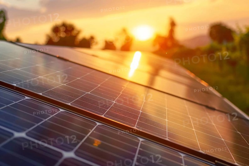 Close up of solar energy panels win sunset sun in background. Generative Ai, AI generated