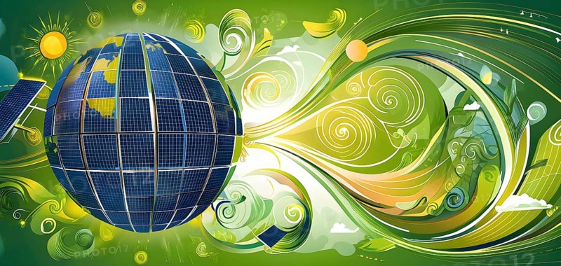 Illustration of a globe composed of triangular solar panels and swirling wind patterns, symbolizing global renewable energy, AI generated