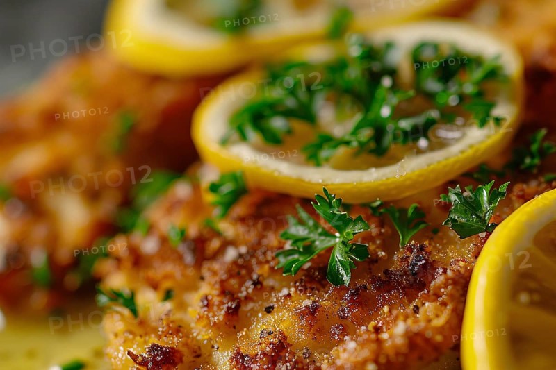 Close up of German Schnitzel, a breaded fried slice of meat with lemon slices. Generative Ai, AI generated