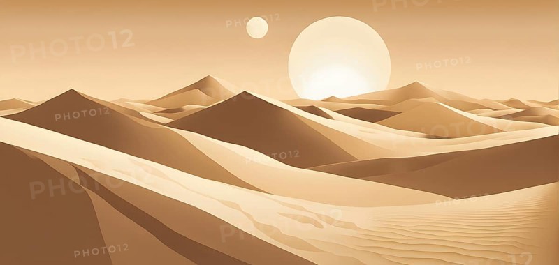 Abstract desert scene with triangular sand dunes and a single circular sun, using sharp lines and subtle gradients in neutral earth tones, AI generated