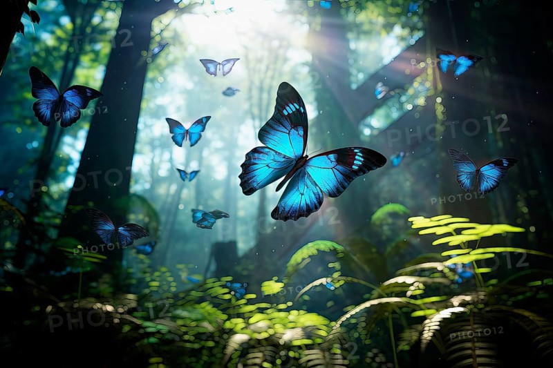Big group of stylized blue monarch butterflies flying in a natural forest environment, AI generated