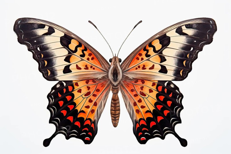 Beautiful, stylized California Tortoiseshell butterfly on a white background, AI generated