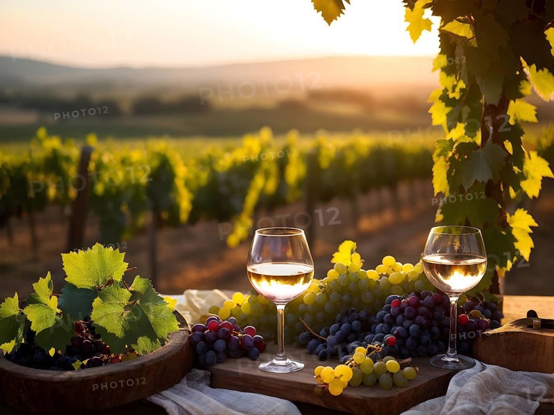 AI generated wine tasting table setup with wine and vine grapes nestled subtly amidst a thriving vineyard bathed in golden hour light