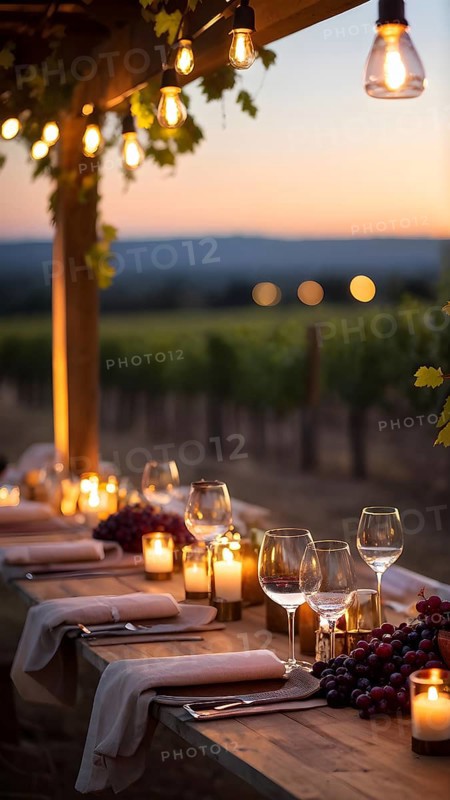 AI generated wine tasting table setup with wine and vine grapes nestled subtly amidst a thriving vineyard bathed in golden hour light