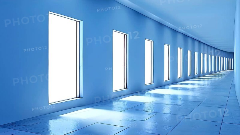 Windows aligned within an elongated tunnel permeated with gradients of light blue hues, AI generated