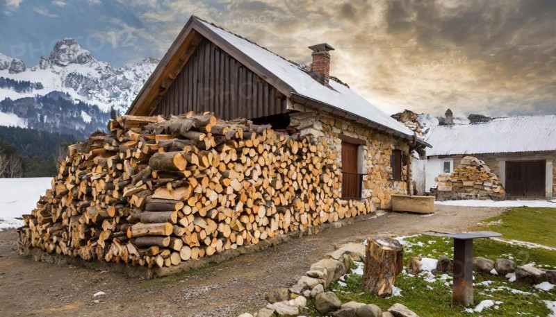 Forestry, timber industry, firewood stacked in front of a farmhouse, pile, AI generated, AI generated