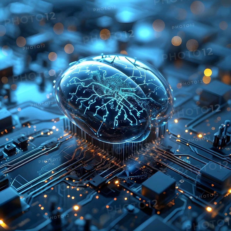 Human brain intricately interlinked with the circuits of a computer board symbolizing artificial intelligence, AI generated