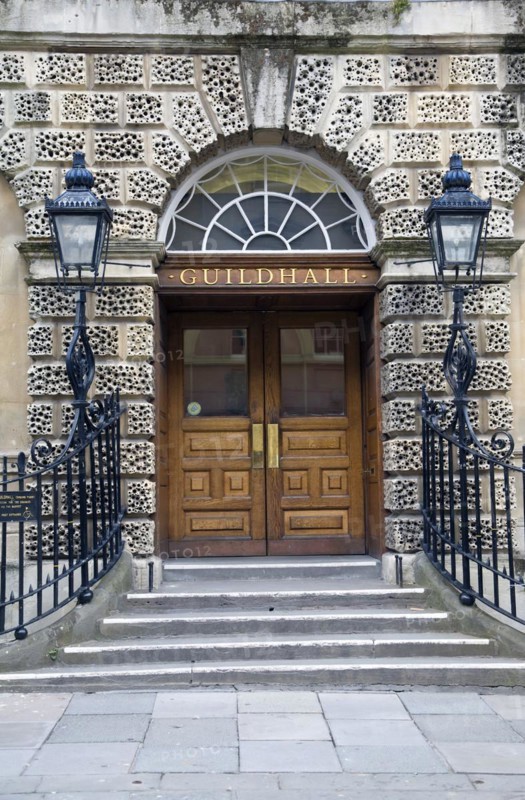 Entrance steps and doorway, The Guildhall, Bath, Somerset, England, UK