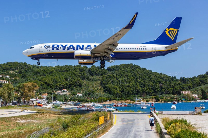 A Ryanair Boeing 737-800 aircraft with the registration SP-RSG at Skiathos Airport, Greece, Europe