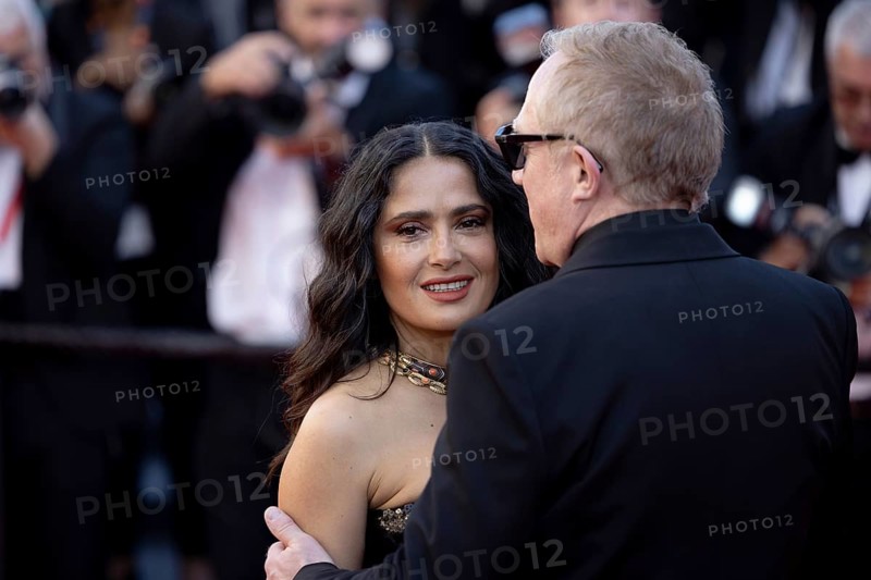 Cannes, France, 18.5.2024: Salma Hayek and Francois-Henri Pinault at the premiere of Emilia Perez on the red carpet of the Palais des Festivals during the 77th Cannes International Film Festival. The 77th Cannes International Film Festival will take place from 14 to 25 May 2024, Europe